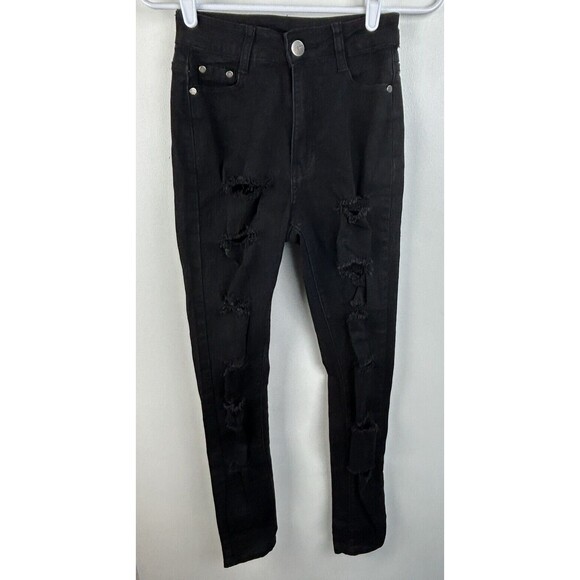 BOB Jeans Womens Jrs Size 3/4 Skinny Stretch Black Distressed Ripped Denim Jeans - Picture 2 of 7